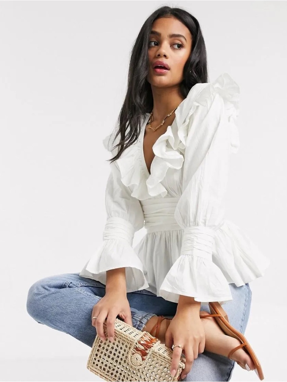 ASOS DESIGN V-Neck Ruffle Blouse with Ruched Waist in Ivory Off-White Size US 6